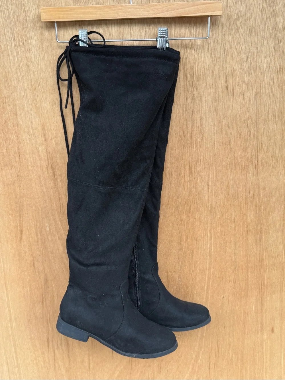 Black Faux Suede Over The Knee Boots Flat Block Heel Tie Back Women's 7.5